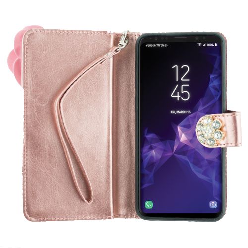 Handmade Pink flower Bling Wallet Detachable Samsung S9 Plus