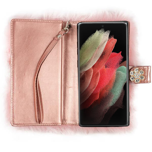 Fur Light Pink Wallet Detachable Samsung S22 Ultra